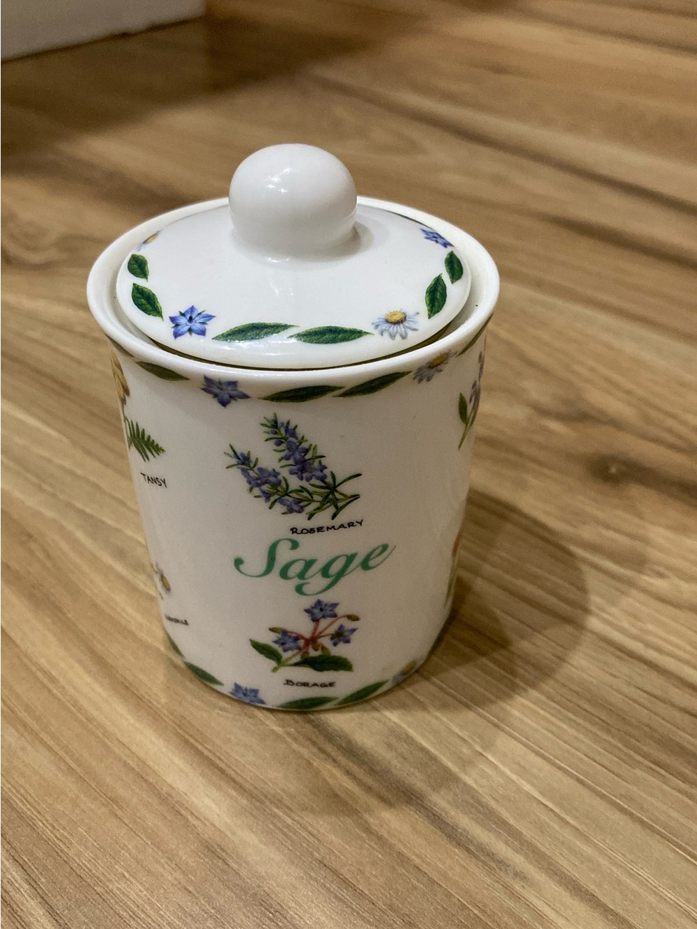 Kent Pottery Sage Ceramic Herb Canister with Lid - White and Green Floral Design